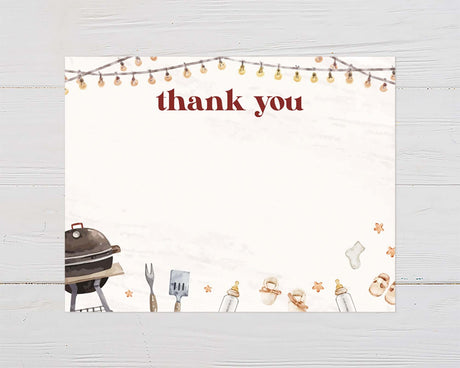 Baby-Q thank you card with barbecue, string lights, and baby-themed illustrations for outdoor baby shower events.