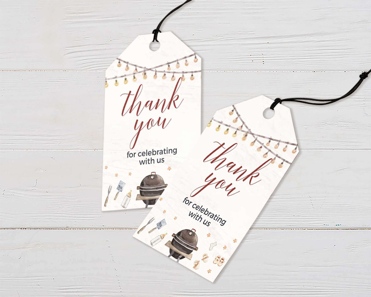 Baby Q thank you tags with watercolor grill and lights, perfect for outdoor baby shower, says 'thank you for celebrating with us'.