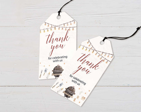 Baby Q thank you tags with watercolor grill and lights, perfect for outdoor baby shower, says 'thank you for celebrating with us'.