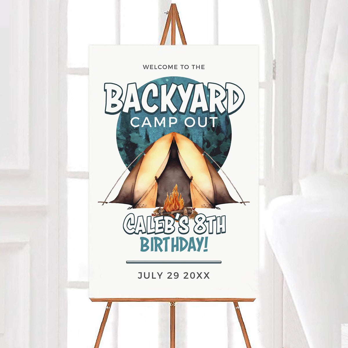 Backyard camp out birthday party welcome sign featuring a watercolor tent glowing against a dark blue forest background with a campfire in front. Bold playful lettering displays the camp out theme with a personalized birthday name, age, and celebration date.