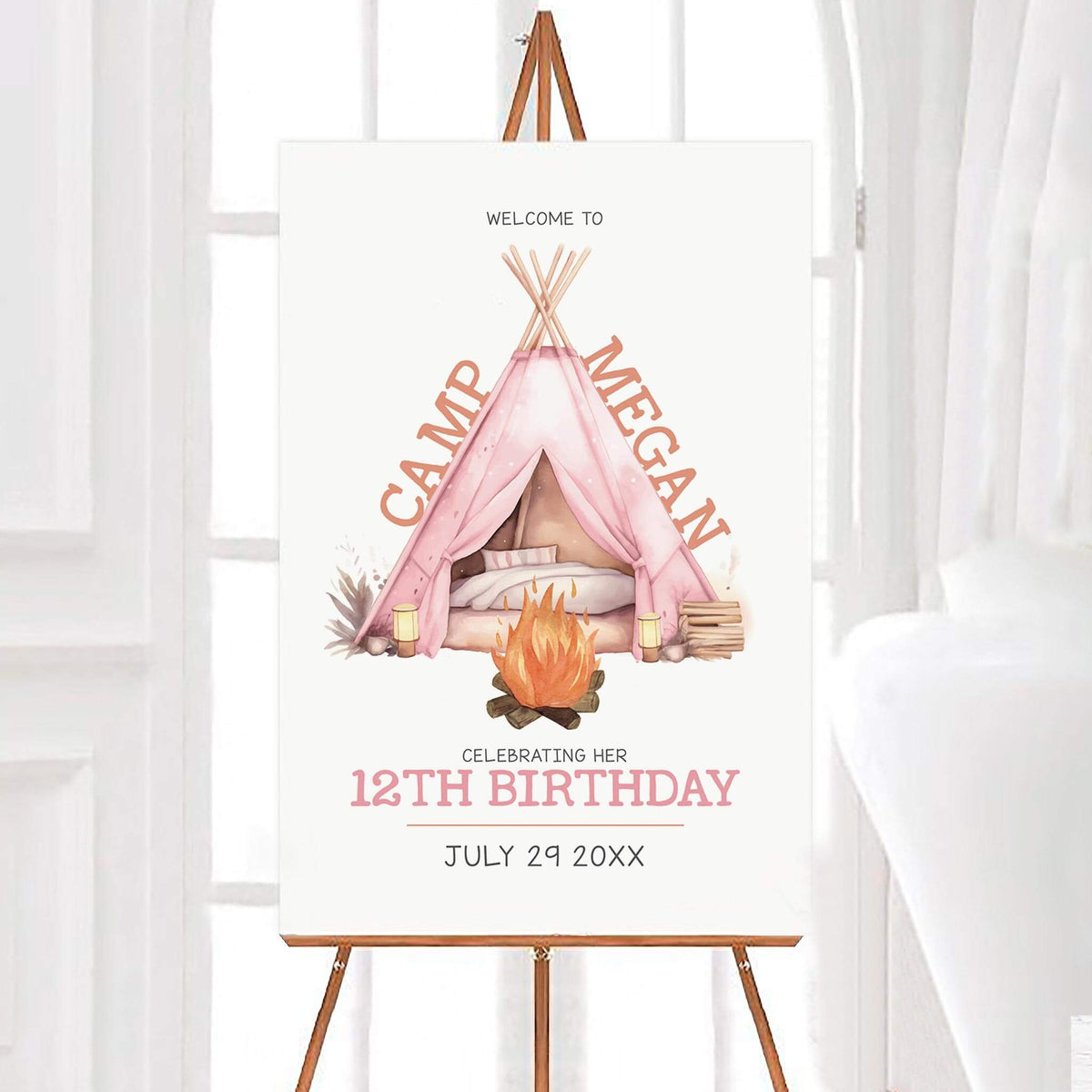 Pink backyard camping birthday party welcome sign featuring a watercolor teepee tent, glowing campfire, lanterns, and rustic camping accessories. Personalized lettering displays the birthday celebration theme, age, and event date.