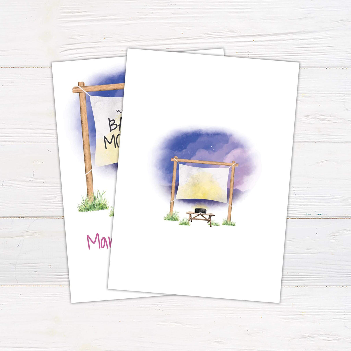 Backyard movie night birthday invitation featuring a watercolor outdoor movie setup with a wooden frame, hanging screen, and projector on a bench. The design includes a soft evening sky background with grass details. Text invites guests to a special celebration with customizable event details. Perfect for a fun and unique birthday gathering under the stars.