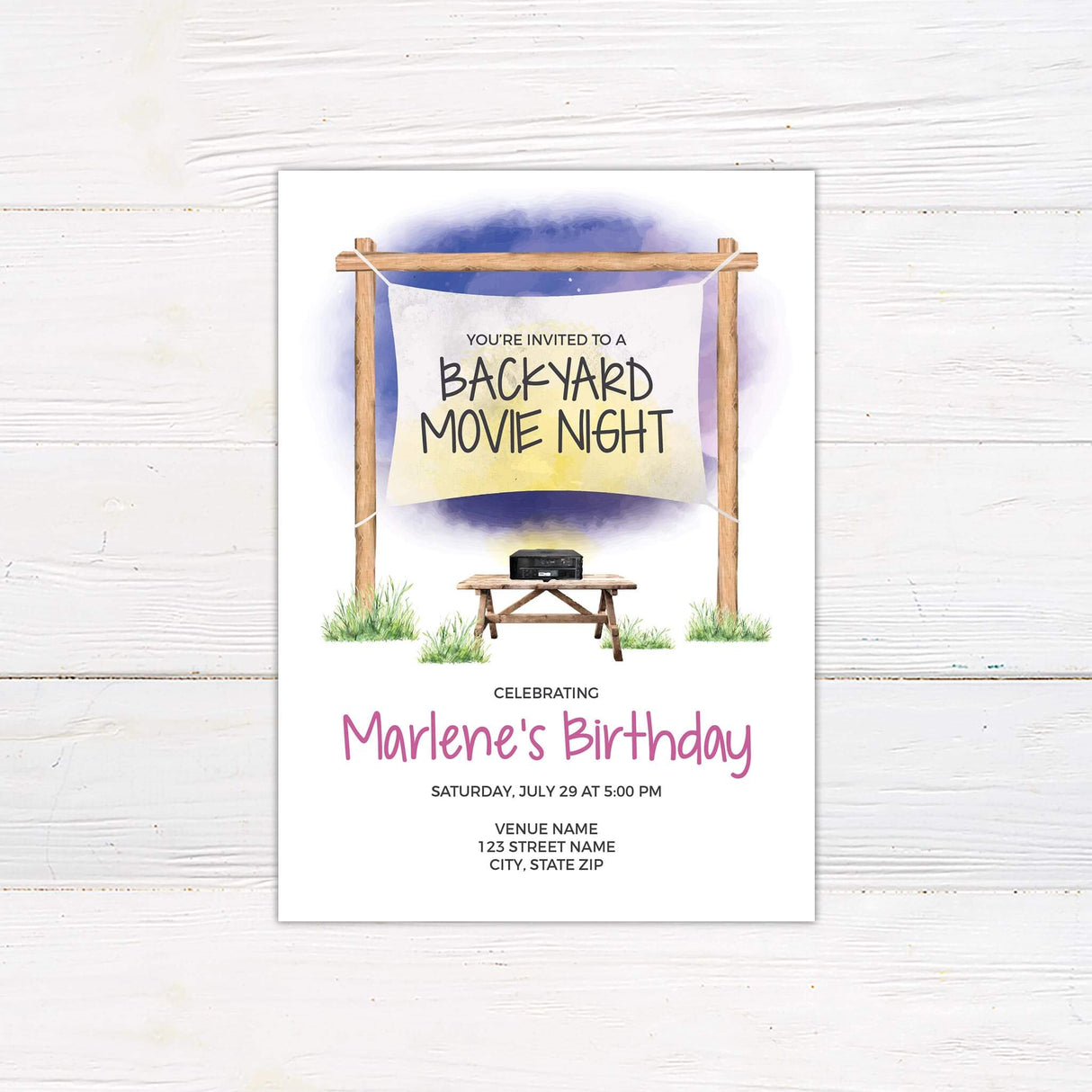 Backyard movie night birthday invitation featuring a watercolor outdoor movie setup with a wooden frame, hanging screen, and projector on a bench. The design includes a soft evening sky background with grass details. Text invites guests to a special celebration with customizable event details. Perfect for a fun and unique birthday gathering under the stars.