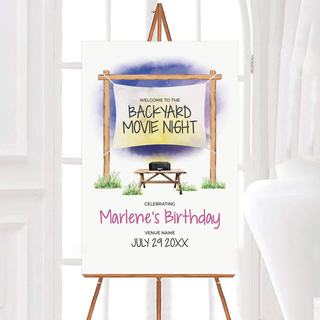 Backyard movie night birthday sign with a watercolor design featuring a wooden frame, hanging screen, and projector. Soft blue and yellow tones create a cozy outdoor atmosphere. Perfect for celebrating under the stars.