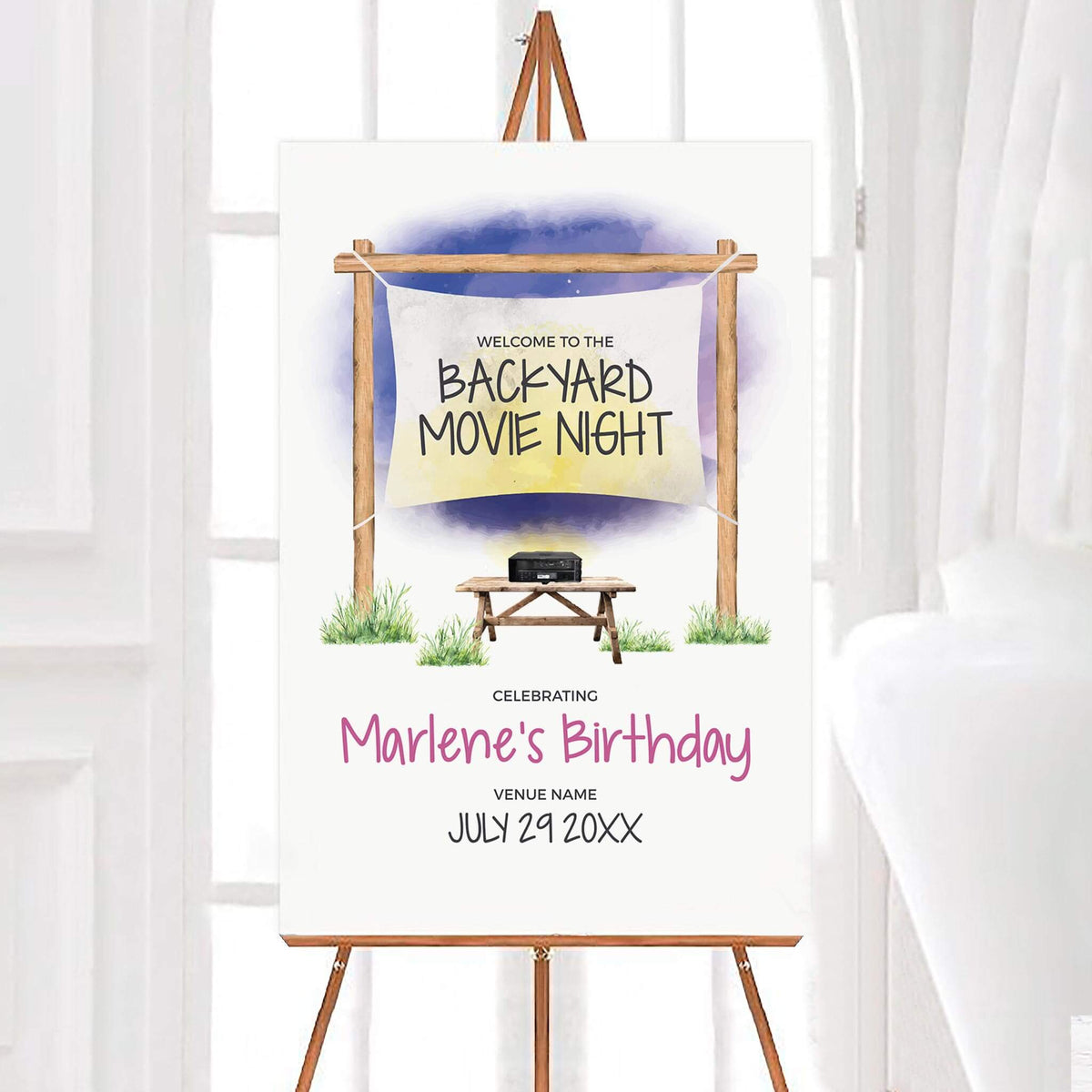 Personalized backyard movie night birthday welcome sign featuring a watercolor outdoor movie screen, rustic wooden posts, and a projector. The birthday party sign includes soft purple and yellow accents with customizable name, venue, and event date.