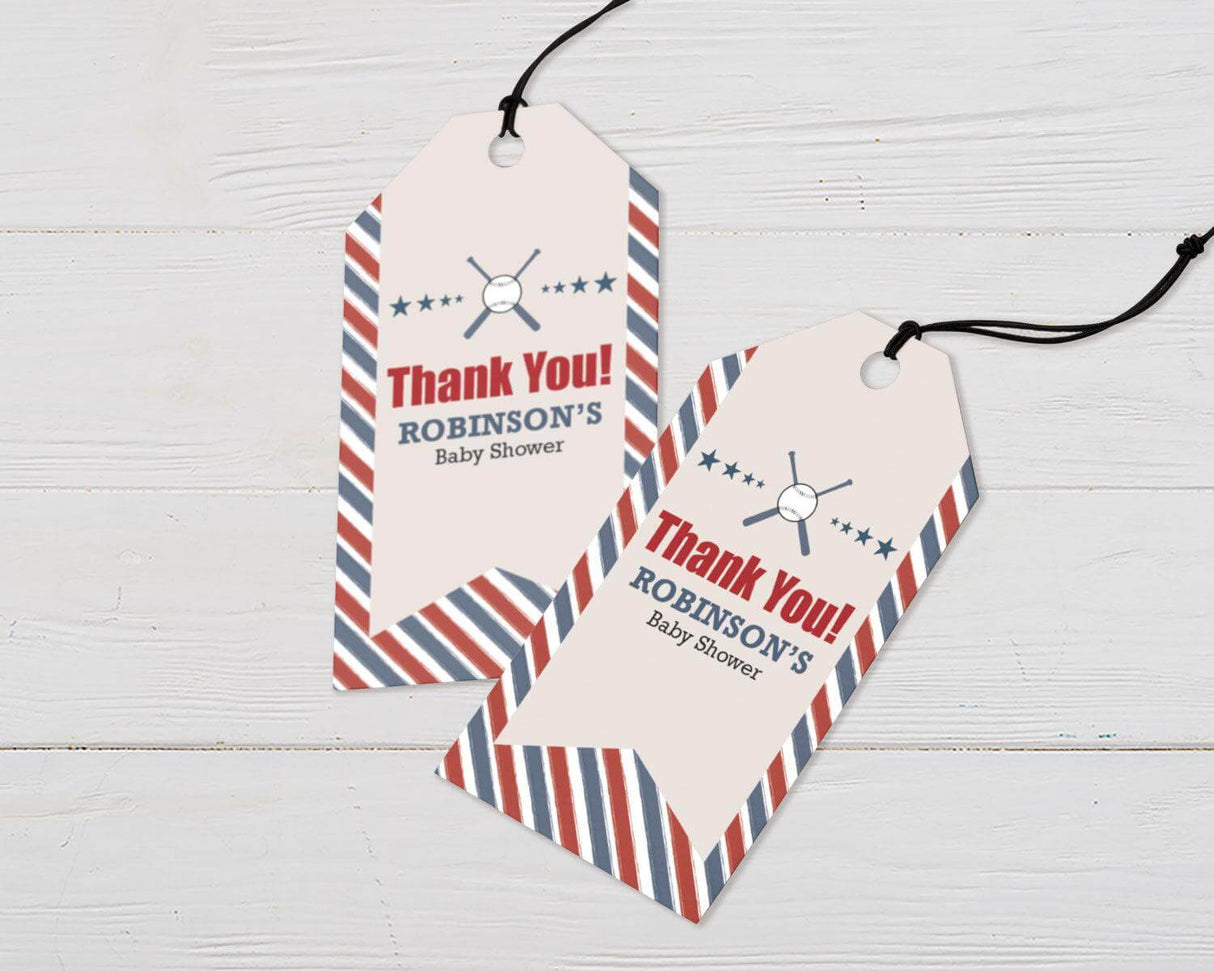 Baseball Favor Tags featuring red and navy stripes with thank you message for a baby shower.
