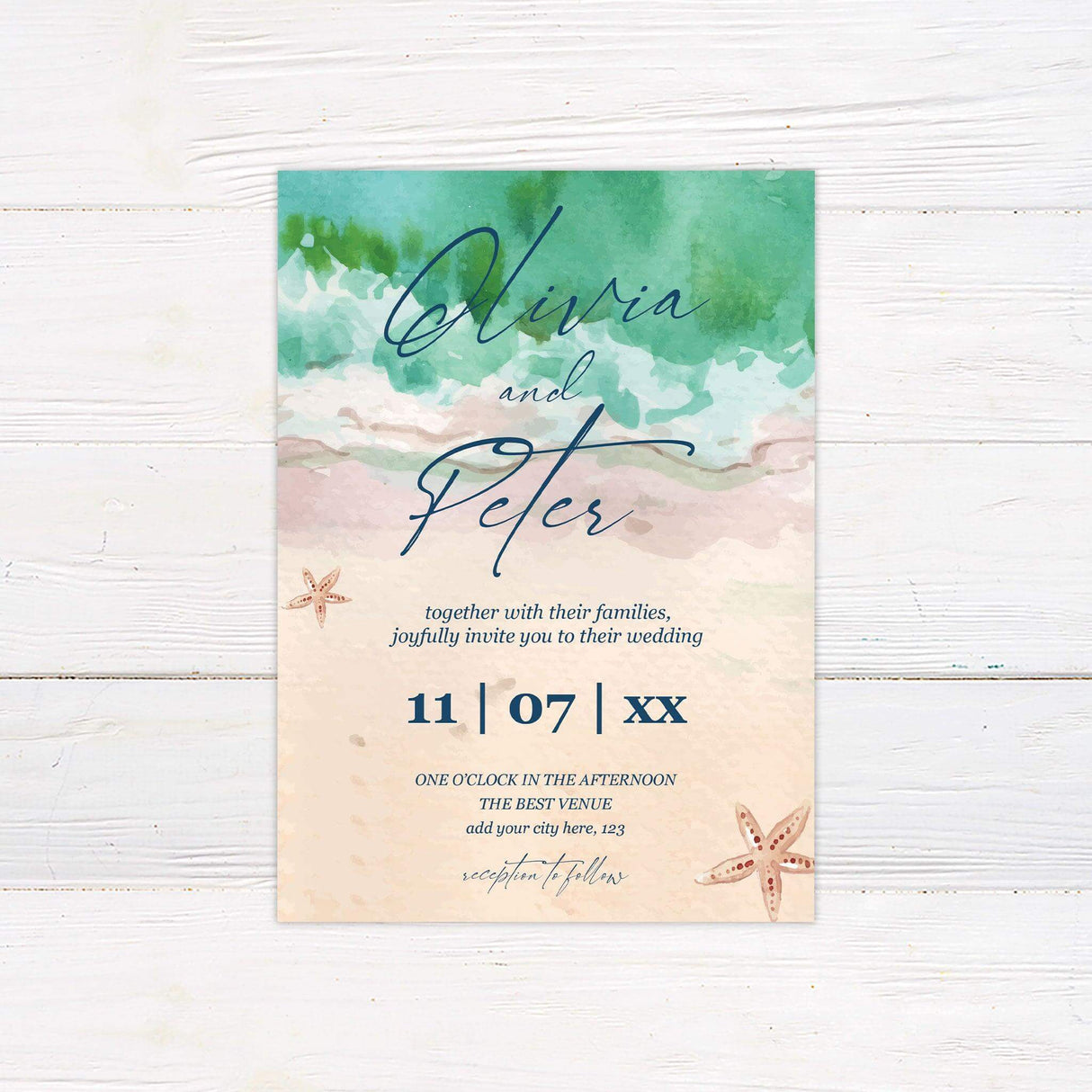 Beach wedding invitation with watercolor waves, soft sand, and starfish, featuring elegant script and serif fonts—ideal for destination weddings.