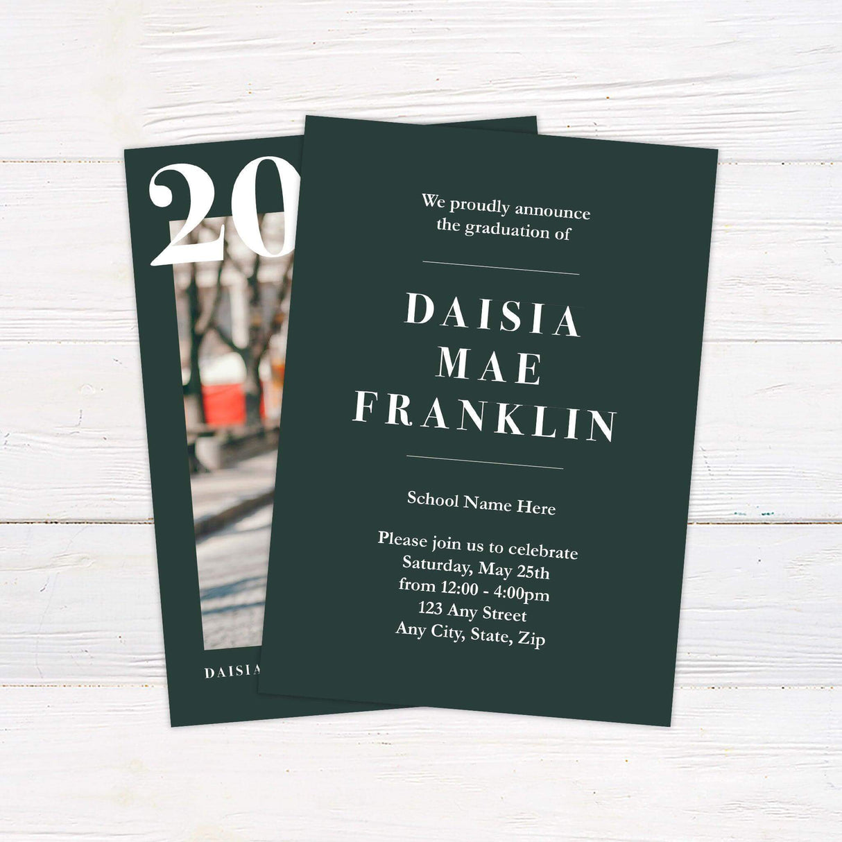 Stylish graduation invitation featuring a bold graduation year design. The back is customizable with school pride colors and includes party or graduation details. Back Green.