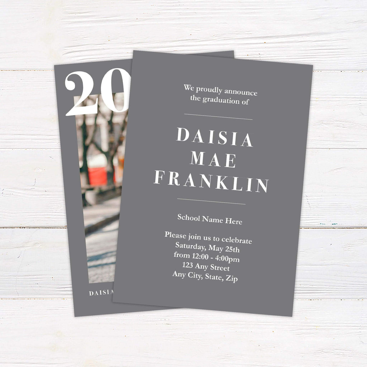 Stylish graduation invitation featuring a bold graduation year design. The back is customizable with school pride colors and includes party or graduation details. Back Gray.