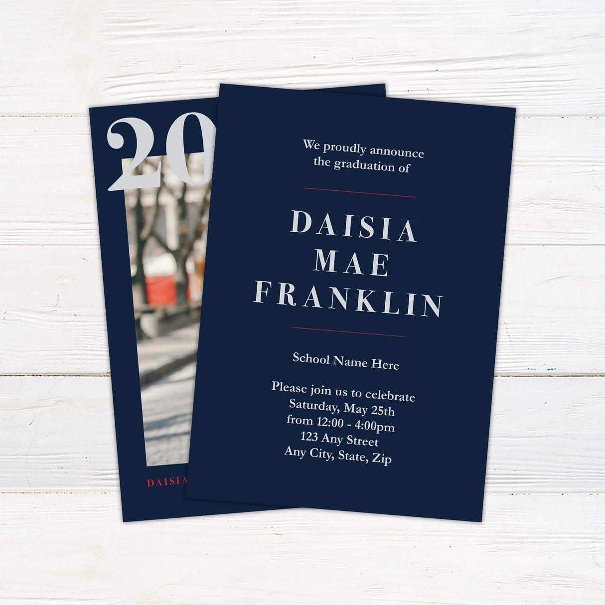Stylish graduation invitation featuring a bold graduation year design. The back is customizable with school pride colors and includes party or graduation details. Back Navy and Red.