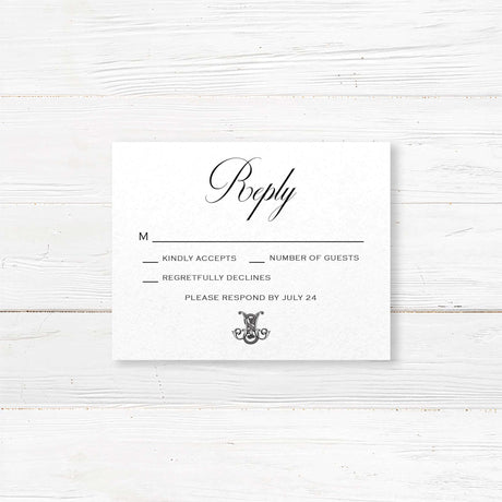 Black Celtic Monogram Wedding Invitation - Elegant wedding RSVP card with black script and Celtic monogram on white background, perfect for formal weddings.