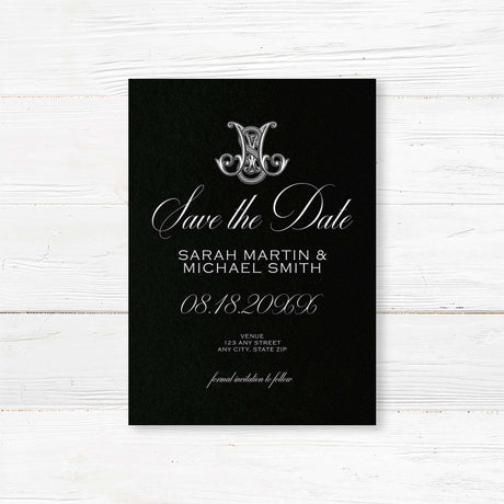 Black Celtic Monogram Wedding Invitation - Black Celtic Monogram Wedding Invitation with elegant white script and ornate design on black background, ideal for formal weddings.