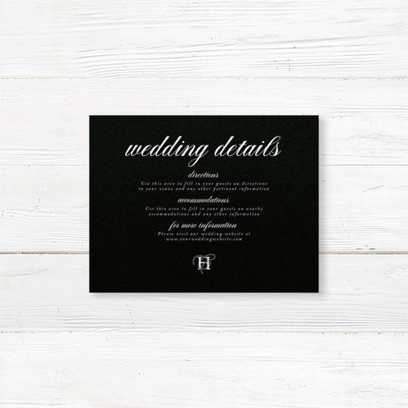 Black Entwined Initials Wedding Invitation - This wedding detail card delivers essential information in a stylish format. With a deep black background and classic white serif typography, it's ideal for sharing travel details, accommodations, or your wedding website. The refined design complements the rest of the Black Entwined Initials suite.