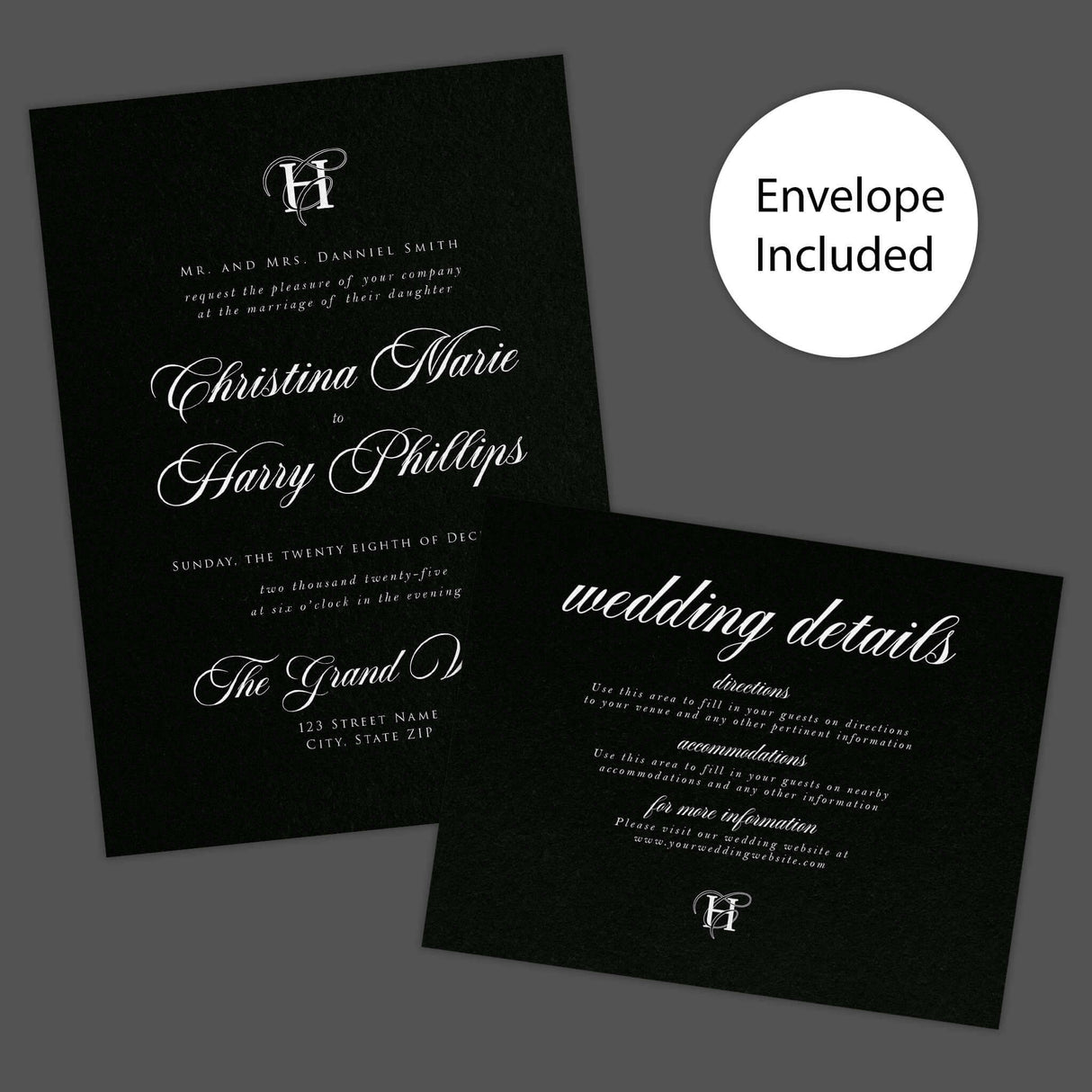 Black Entwined Initials Wedding Invitation - Black entwined initials wedding invitation with monogram, featuring elegant white script on a black background, envelope included.