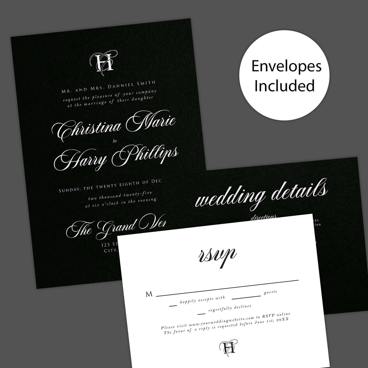 Black Entwined Initials wedding invitation with monogram, featuring a black background, white serif script, and RSVP card. Envelopes included.