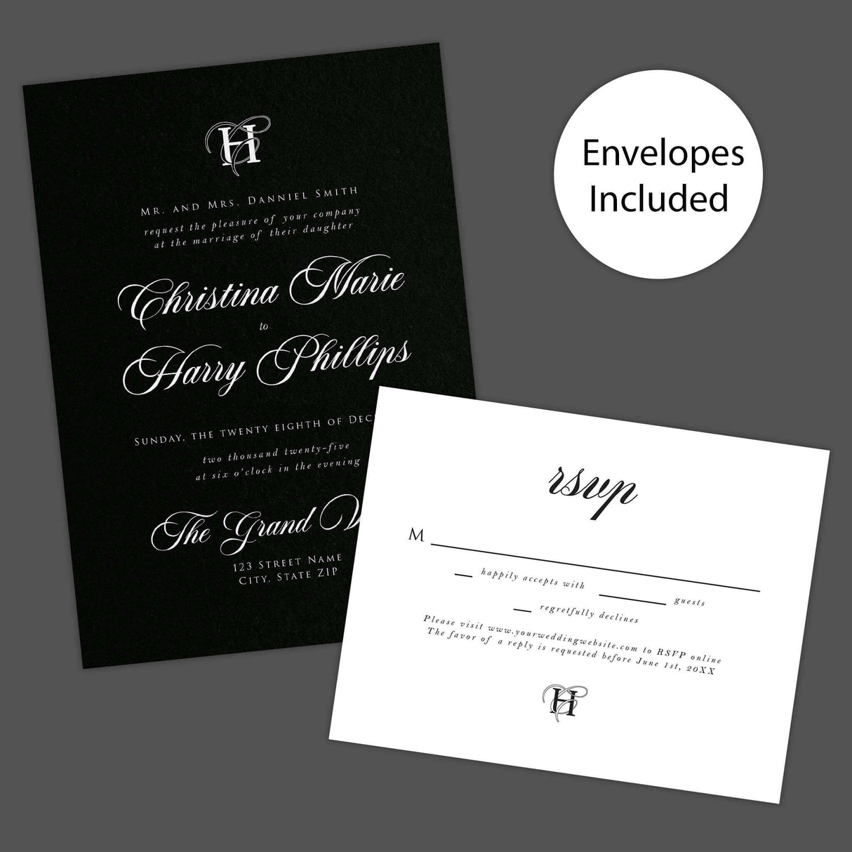 Black Entwined Initials Wedding Invitation - Black Entwined Initials wedding invitation with monogram, featuring a black background, white serif script, and RSVP card. Envelopes included.