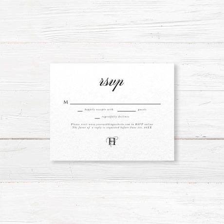 Black Entwined Initials Wedding Invitation - Wedding RSVP card with black background, white serif and calligraphy script fonts, elegant formal layout, and coordinates with the Black Entwined Initials invitation suite.