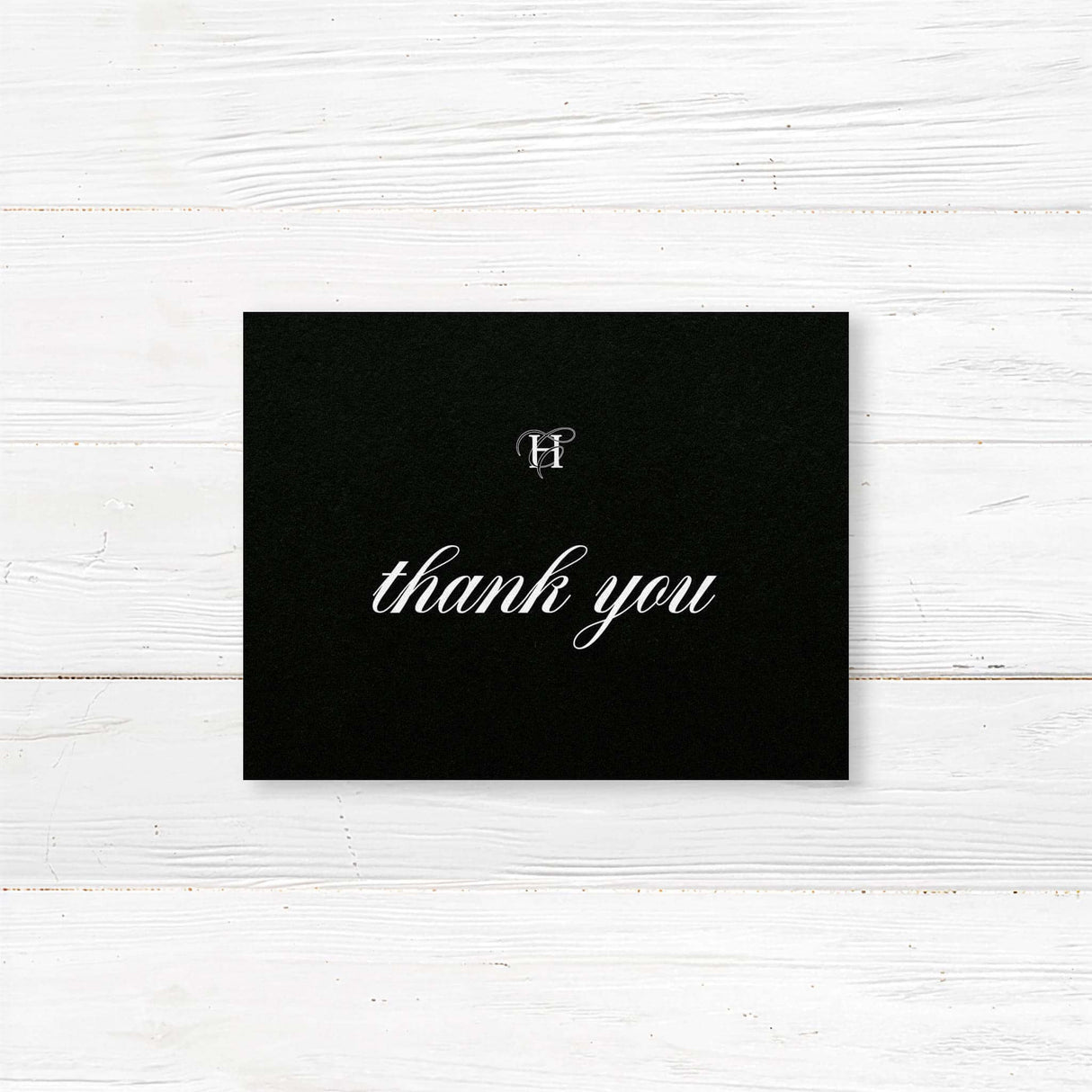 Black Entwined Initials Wedding Invitation - Wedding thank you card with black background, elegant white serif and script fonts, and refined formal layout to coordinate with the Black Entwined Initials wedding suite.