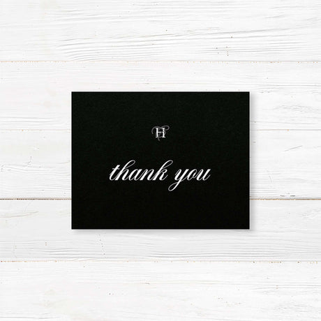 Black Entwined Initials Wedding Invitation - Wedding thank you card with black background, elegant white serif and script fonts, and refined formal layout to coordinate with the Black Entwined Initials wedding suite.