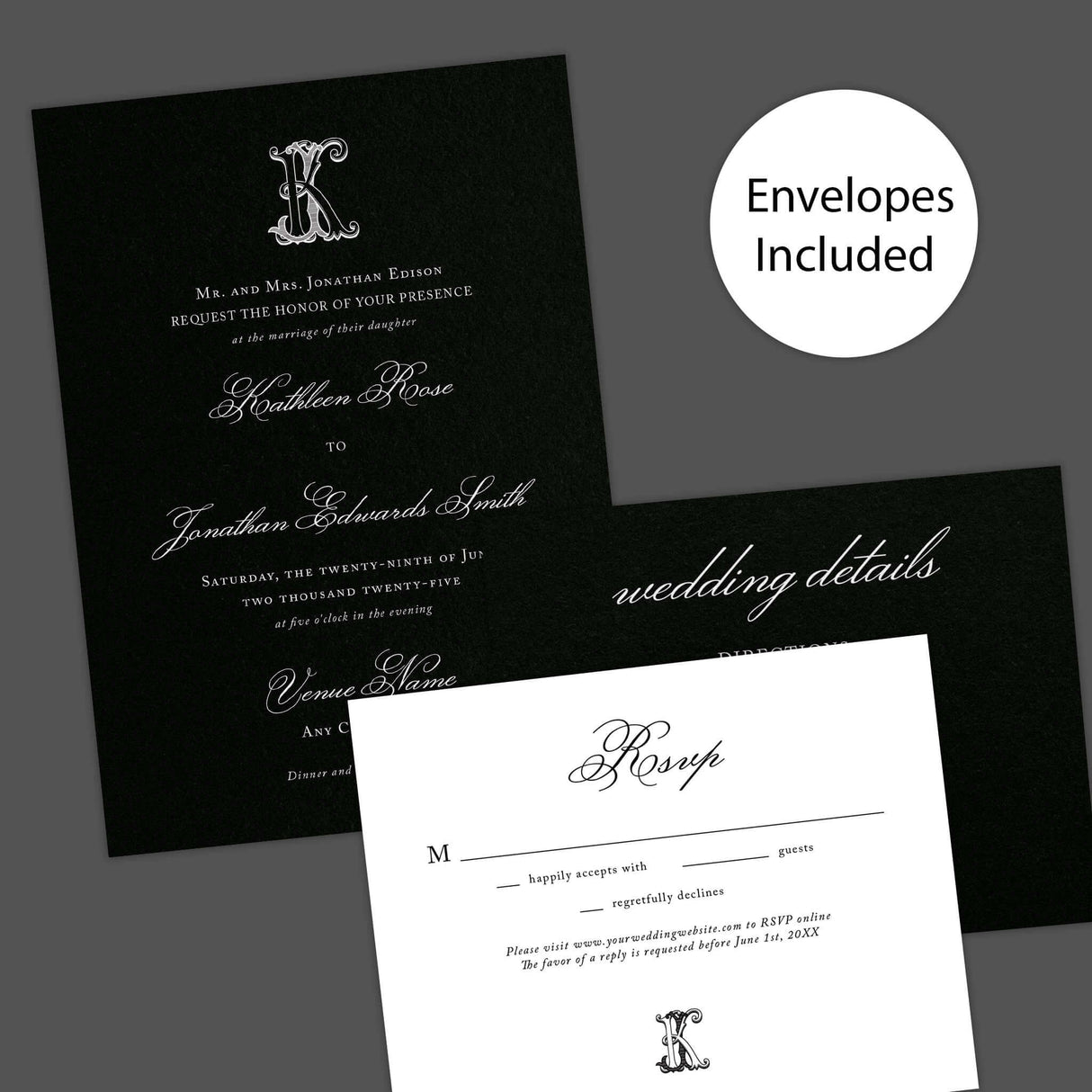 Black Script Celtic Monogram Wedding Invitation - Wedding invitation with a black background, ornate Celtic monogram, and a blend of white script and serif fonts. A dramatic and elegant choice for formal or Celtic-inspired weddings. Invite, RSVP and Details
