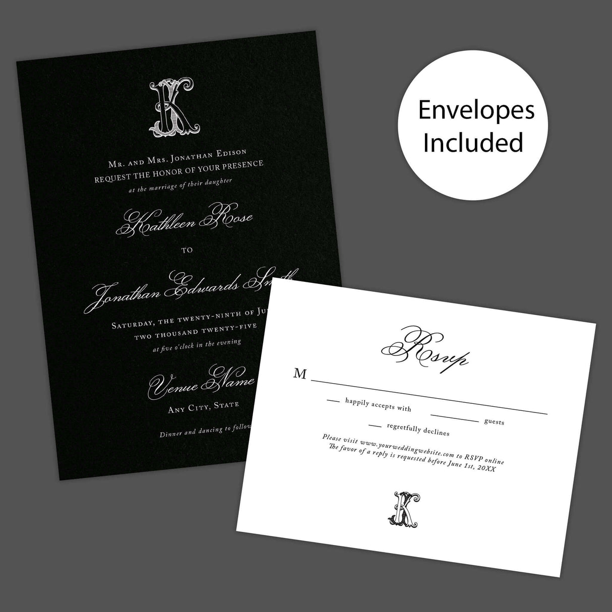 Black Script Celtic Monogram Wedding Invitation - Wedding invitation with a black background, ornate Celtic monogram, and a blend of white script and serif fonts. A dramatic and elegant choice for formal or Celtic-inspired weddings. invite and RSVP