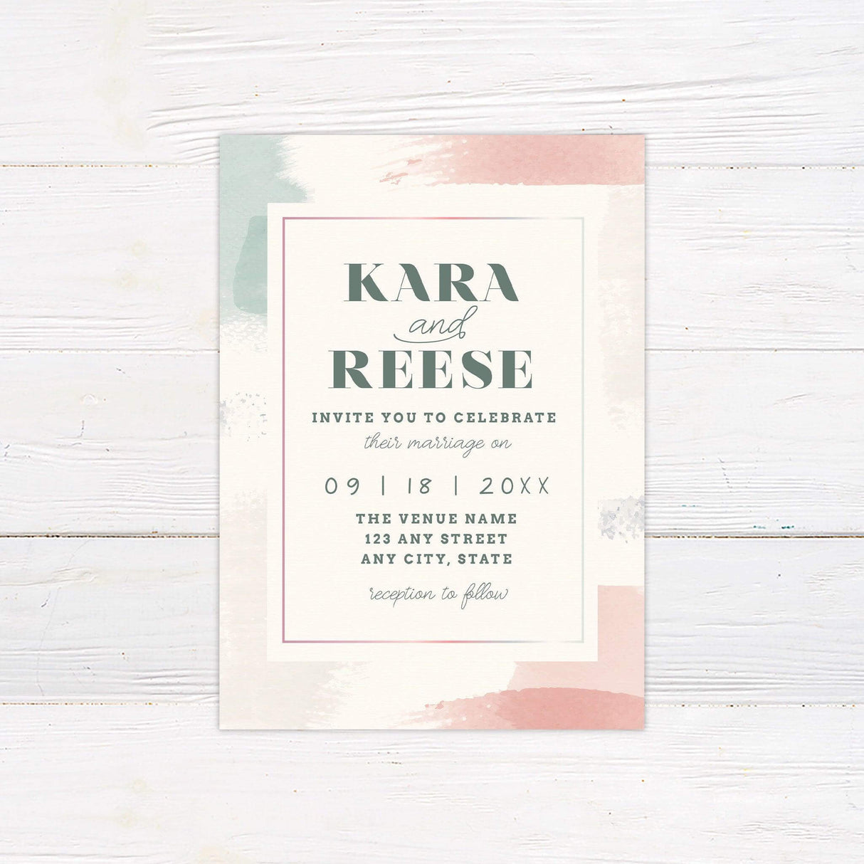 Watercolor wedding invitation with mint green, blush pink, and pastel brushstrokes featuring modern text layout.