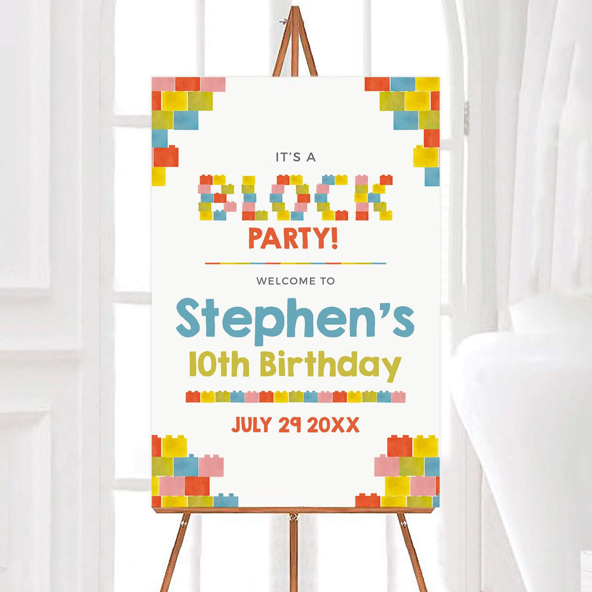 Colorful block party birthday welcome sign featuring bright toy bricks arranged around a white background. Playful block lettering highlights the party theme with personalized birthday details.