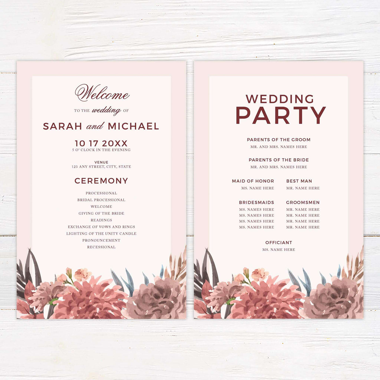 A program with a soft neutral background features a beautiful watercolor floral arrangement in warm earthy tones of blush, burgundy, and green. The text is elegantly arranged in a mix of serif and script fonts within a centered cream-colored rectangle.  This design exudes rustic elegance, perfect for boho, autumn, or garden-inspired event.