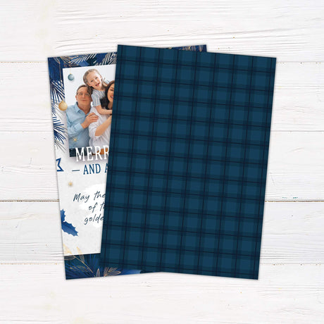 Blue Christmas photo card with gold accents, customizable family photo, and festive holiday greeting message. - back.