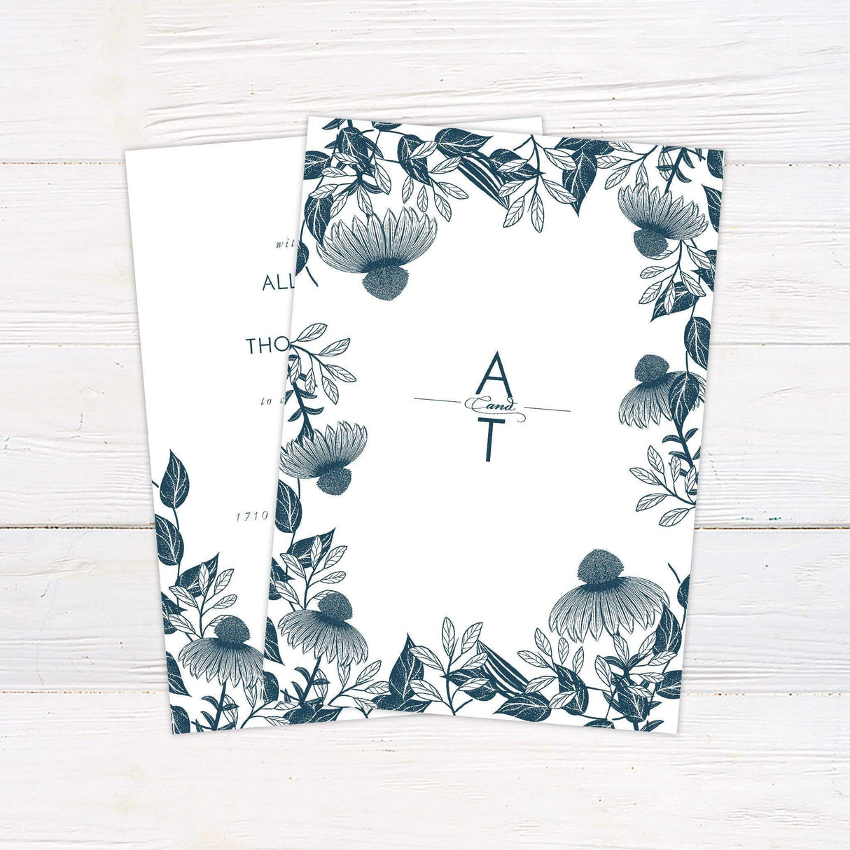 Botanical wedding invitation with blue coneflower and leafy line art illustrations, elegant serif and script fonts, and vintage-inspired layout. back
