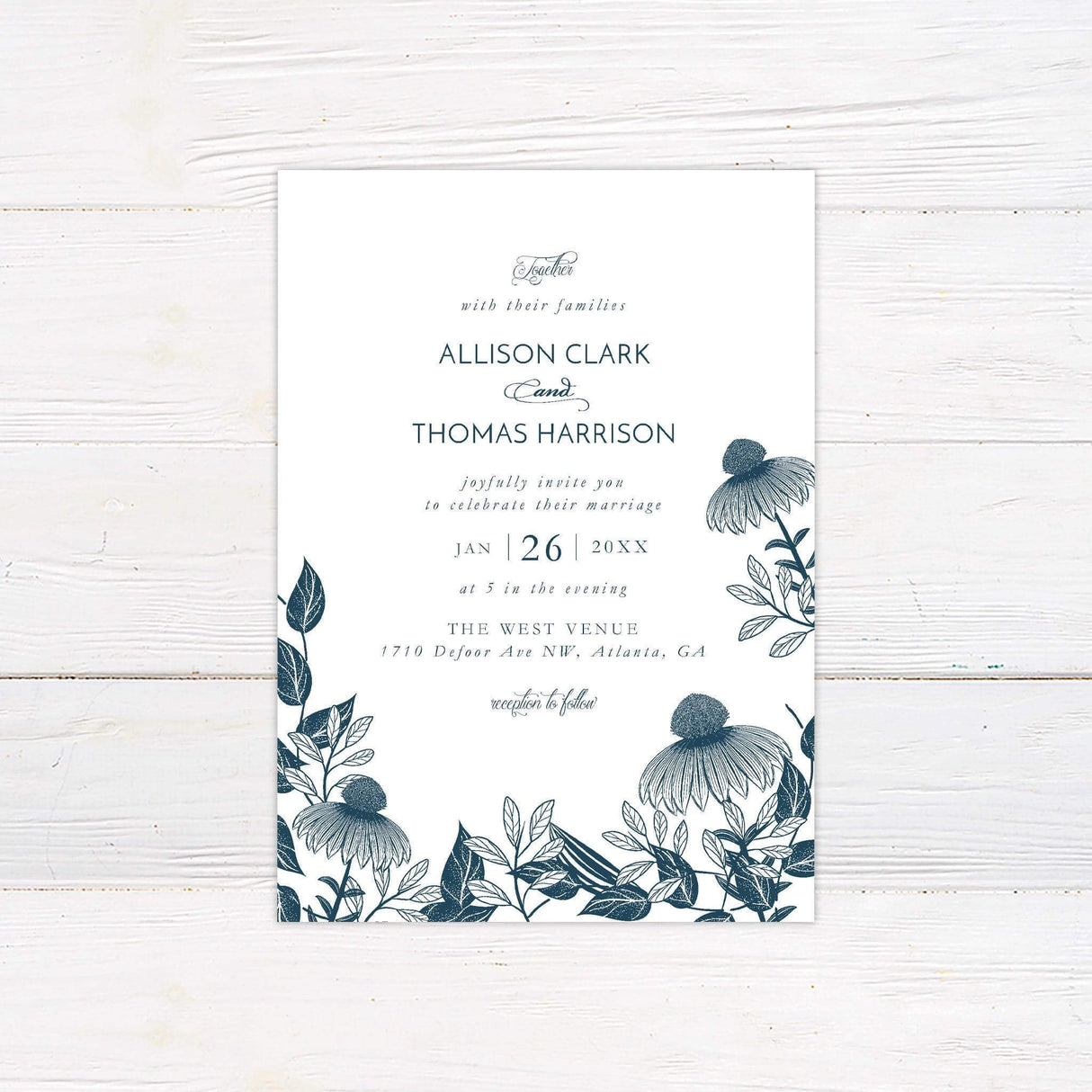 Botanical wedding invitation with blue coneflower and leafy line art illustrations, elegant serif and script fonts, and vintage-inspired layout.