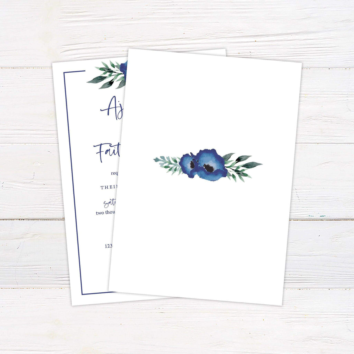 Wedding invitation with blue watercolor poppy, handwritten script and serif fonts, framed design, ideal for church or spring wedding ceremonies. back