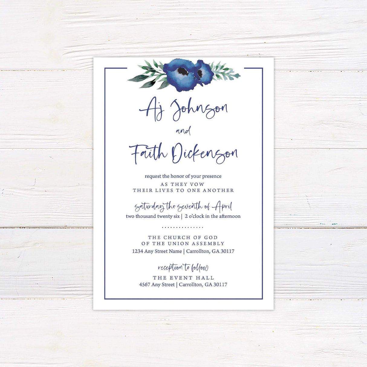 Wedding invitation with blue watercolor poppy, handwritten script and serif fonts, framed design, ideal for church or spring wedding ceremonies.