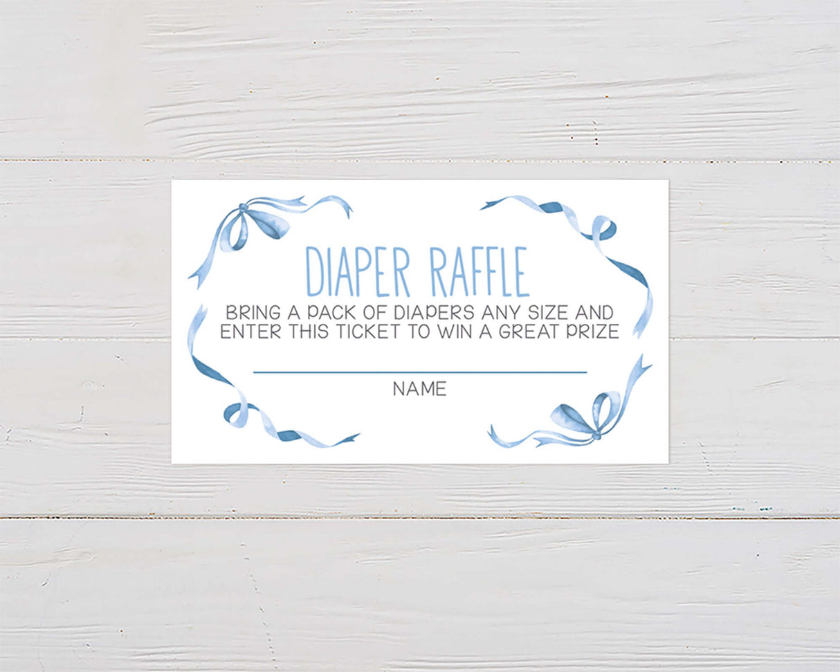 Diaper raffle ticket with blue ribbon design on white background, perfect for baby showers or gender-neutral parties.