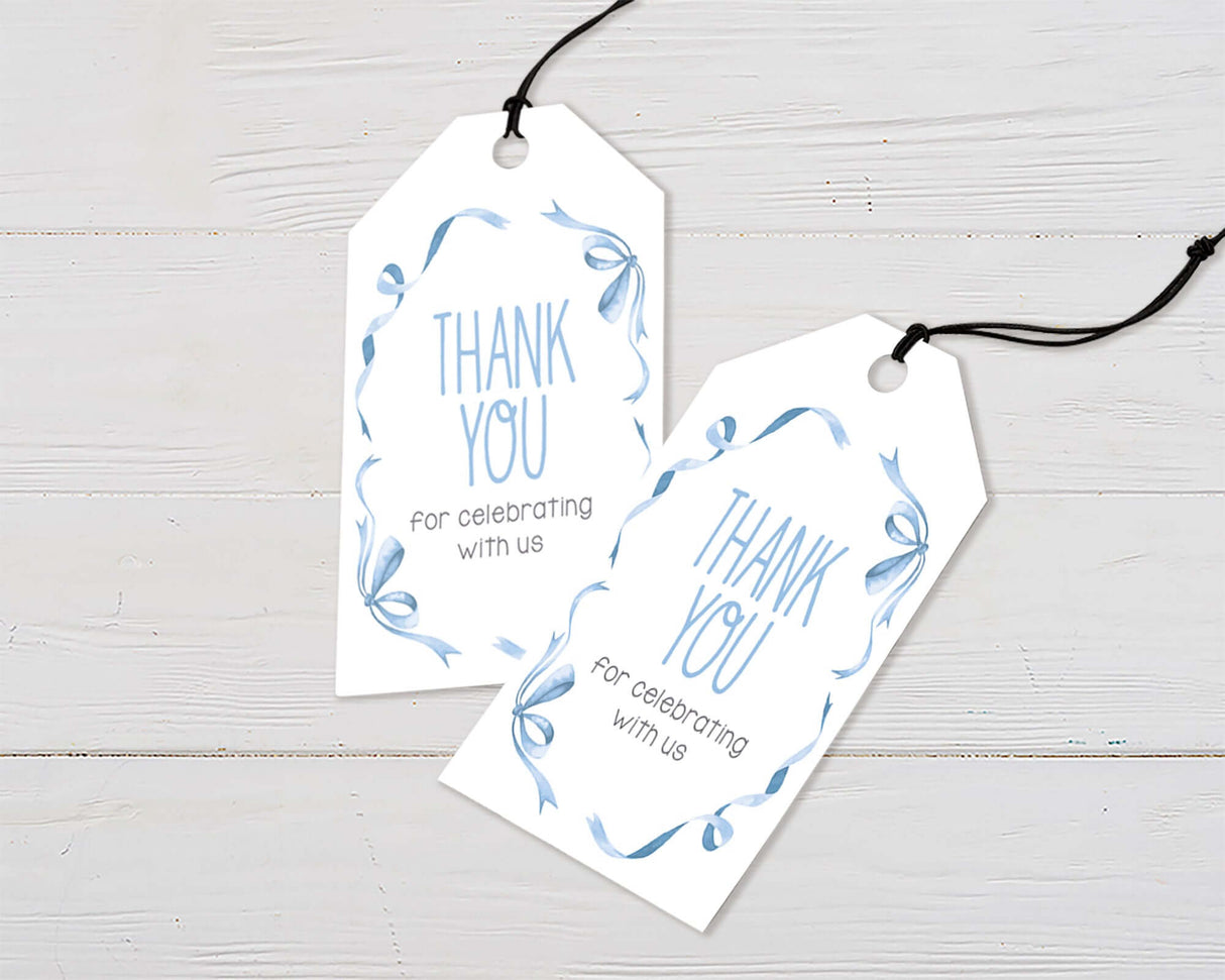 Sweet Ribbons and Bows favor tags in blue, featuring elegant watercolor design, perfect for baby shower thank you gifts.