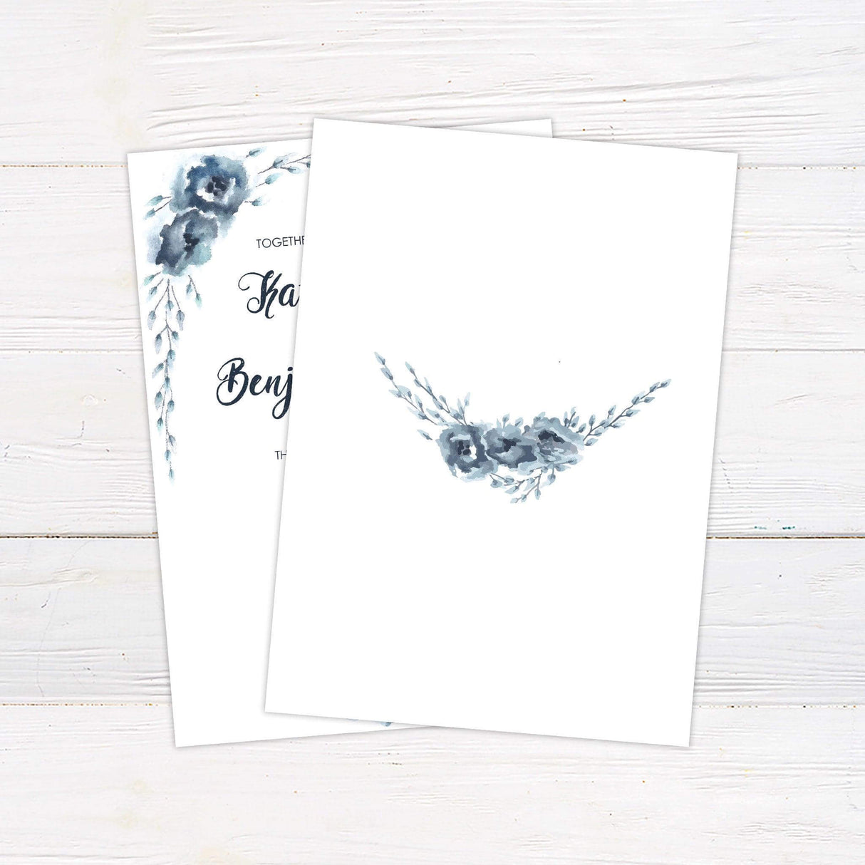 Wedding invitation with watercolor blue florals, elegant calligraphy, and soft botanical accents—perfect for winter or romantic evening weddings. back
