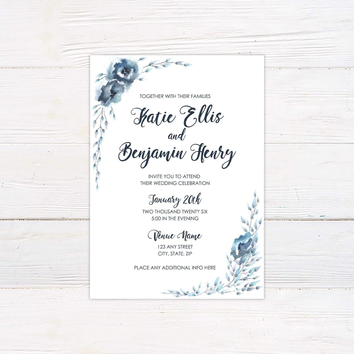 Wedding invitation with watercolor blue florals, elegant calligraphy, and soft botanical accents—perfect for winter or romantic evening weddings.