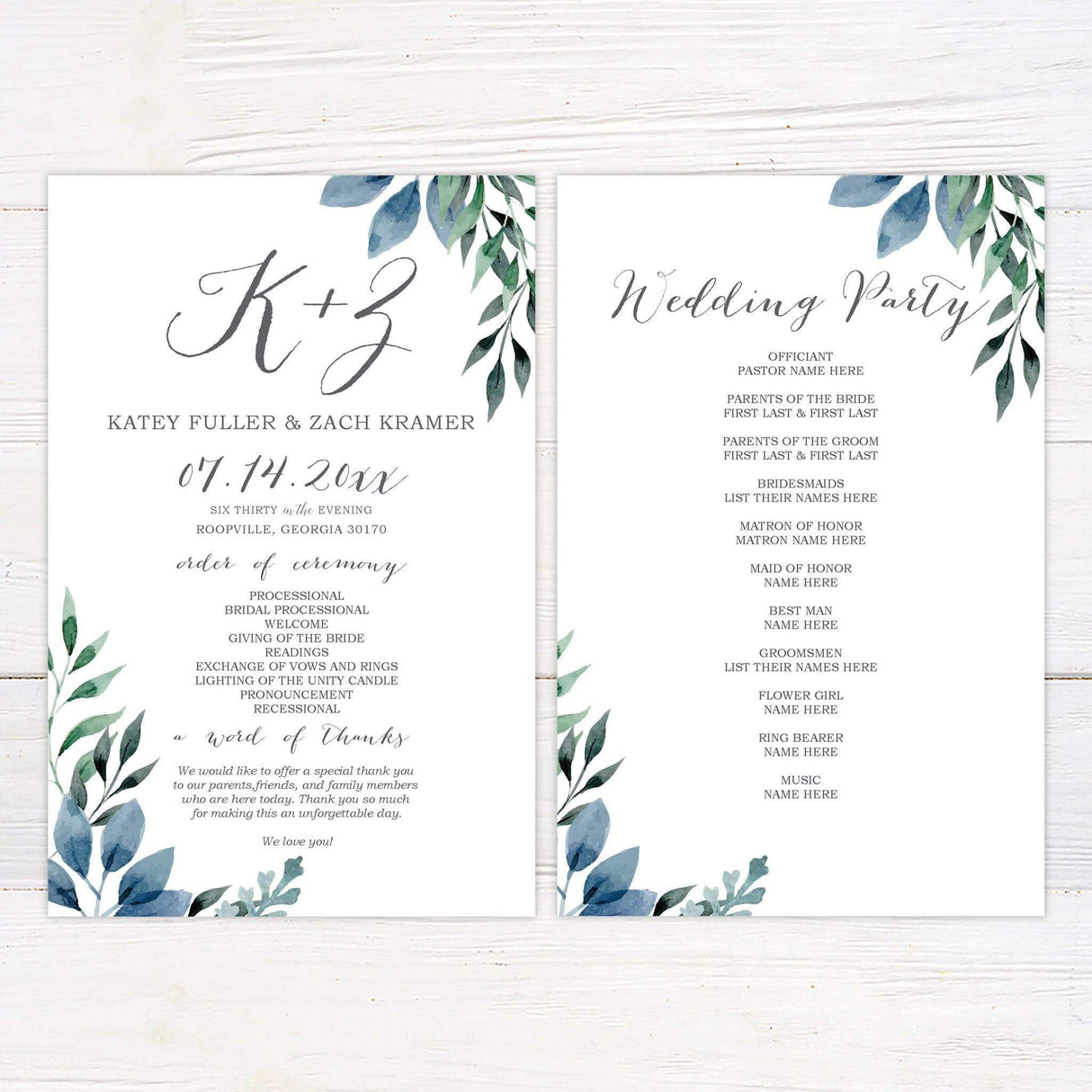 Elegant program card with watercolor blue and green leaves and modern calligraphy on a white background.