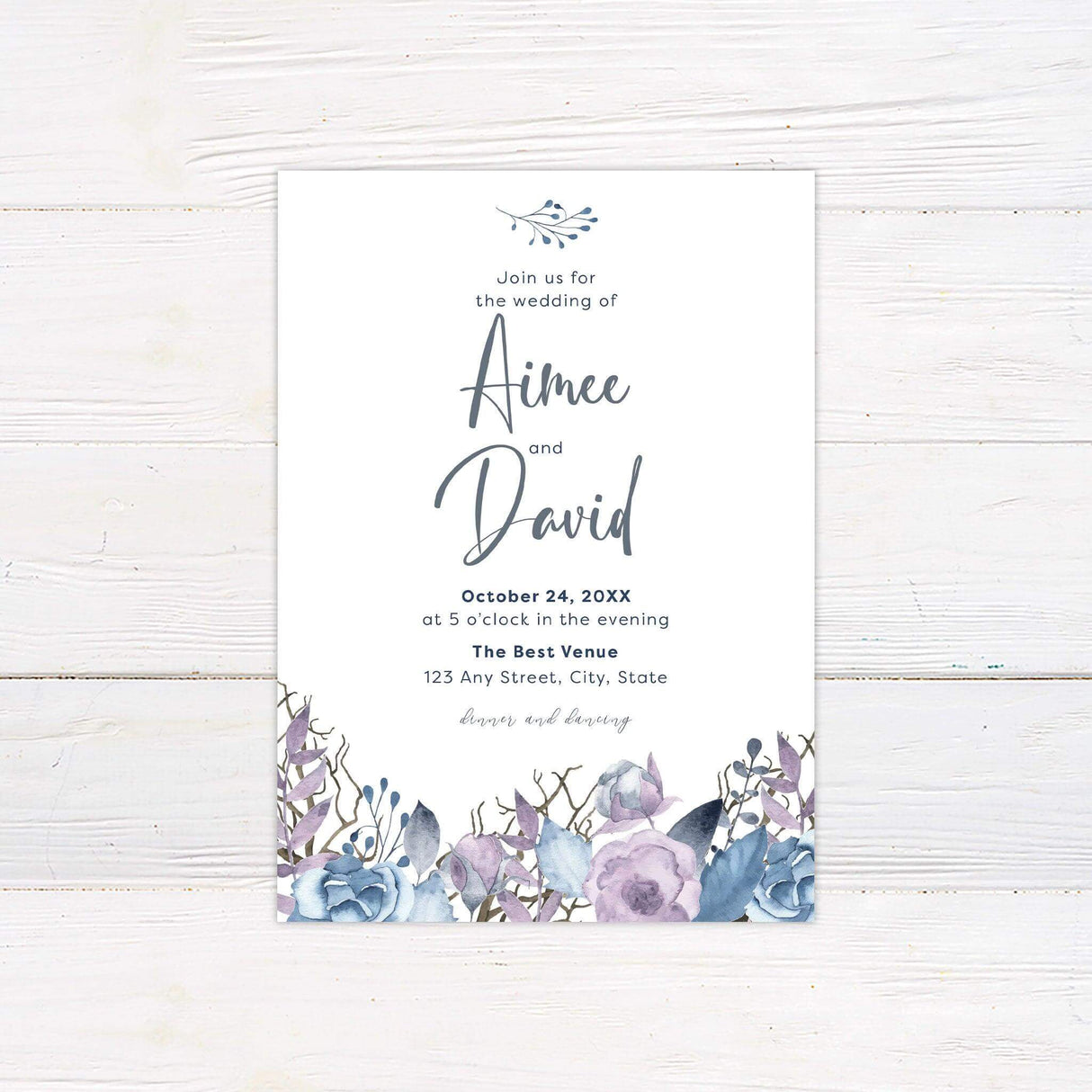 Watercolor floral wedding invitation with blue and lilac flowers, modern script typography, and elegant layout on white background for romantic weddings.