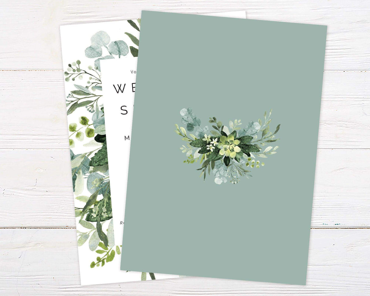 Elegant wedding shower invitation with eucalyptus greenery and modern text layout, perfect for nature-inspired or botanical-themed bridal celebrations. back side