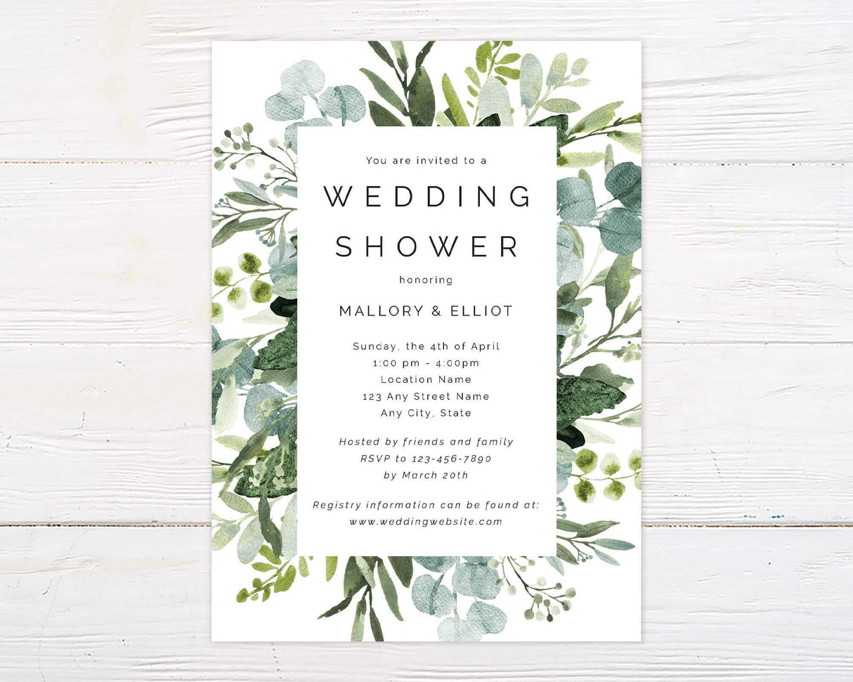 Elegant wedding shower invitation with eucalyptus greenery and modern text layout, perfect for nature-inspired or botanical-themed bridal celebrations.
