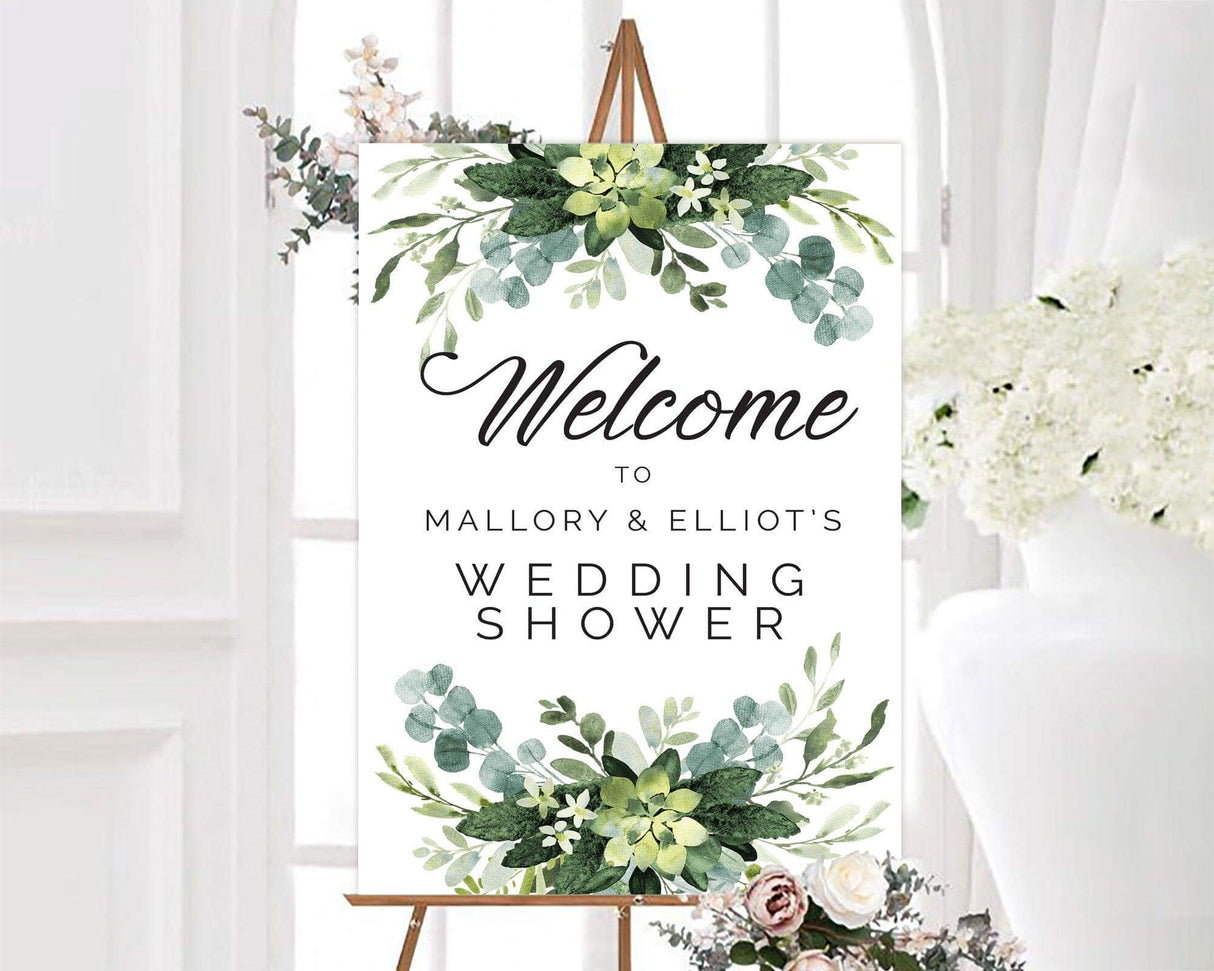 Welcome sign with blue eucalyptus design for wedding shower featuring botanical illustrations and elegant typography.