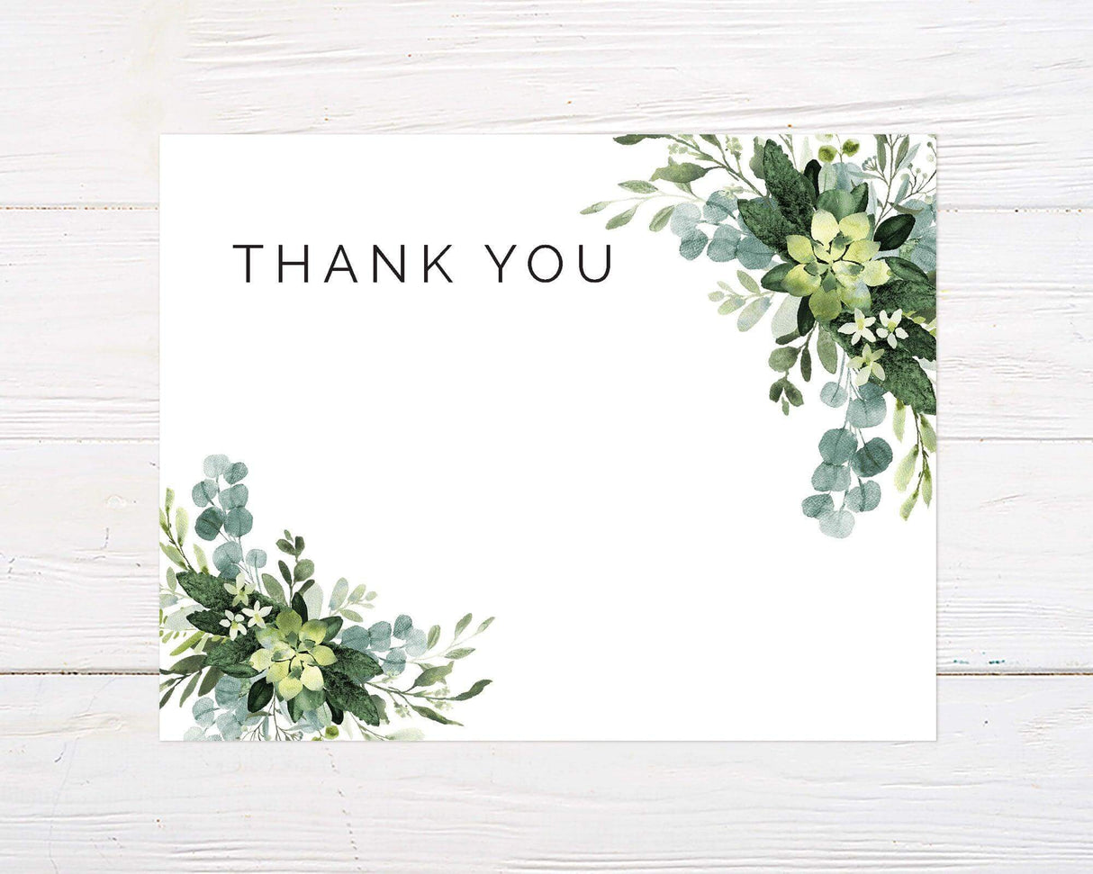 Thank you card featuring elegant eucalyptus and floral design on white background, perfect for weddings or sophisticated events.
