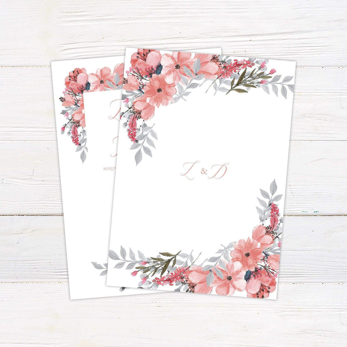 Blush pink wedding invitation with watercolor floral border and elegant script—perfect for garden, spring, or romantic daytime weddings. back