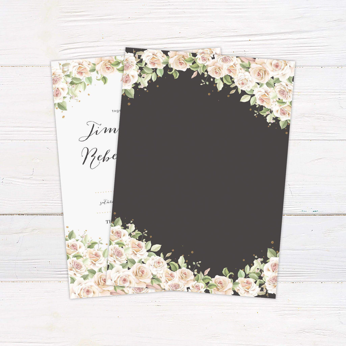 Blush pink rose wedding invitation with watercolor florals, gold accents, and romantic script—perfect for spring or garden weddings. back