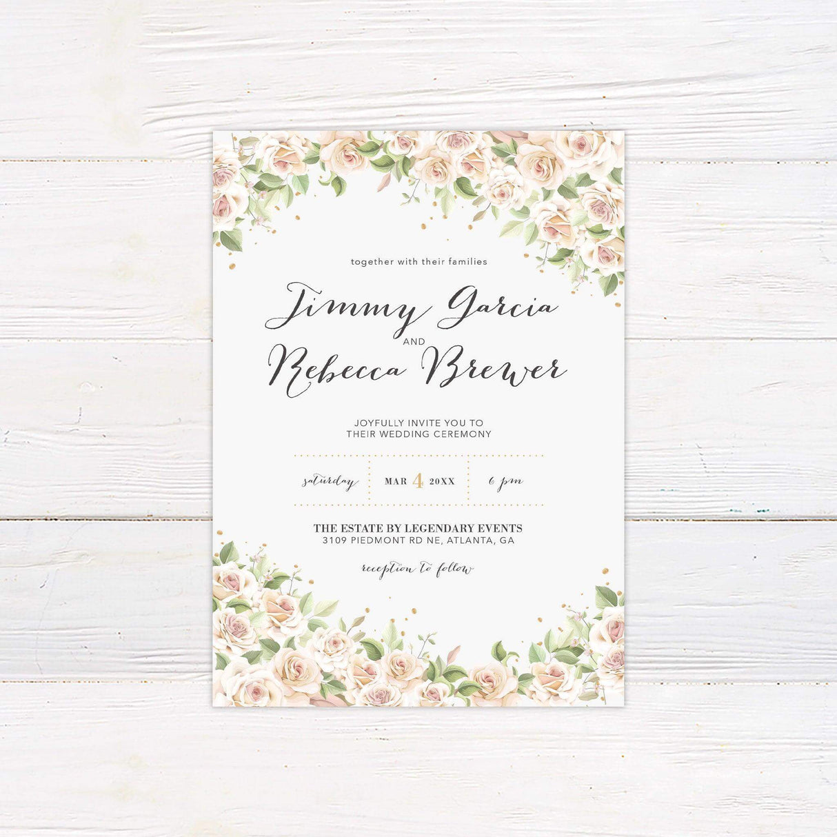 Blush pink rose wedding invitation with watercolor florals, gold accents, and romantic script—perfect for spring or garden weddings.