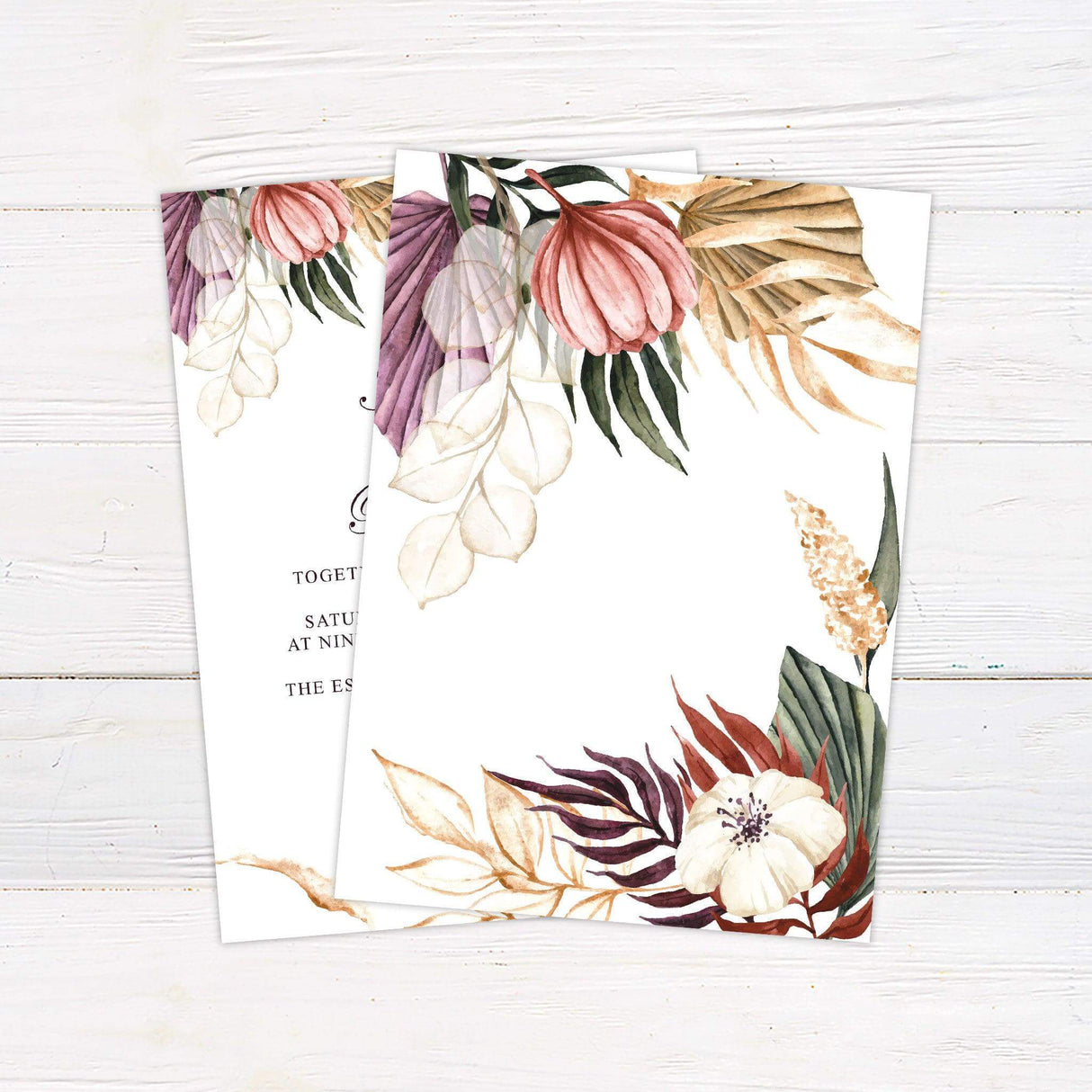 Boho floral wedding invitation with watercolor leaves and flowers in earthy pink, violet, and cream tones—ideal for outdoor or morning ceremonies. back