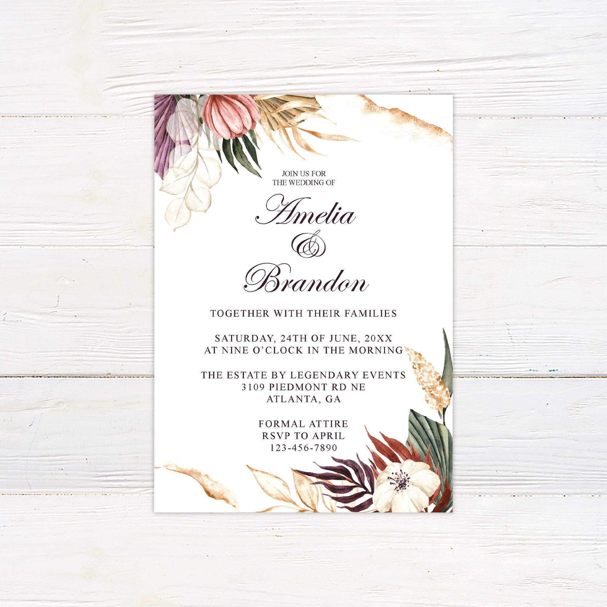 Boho floral wedding invitation with watercolor leaves and flowers in earthy pink, violet, and cream tones—ideal for outdoor or morning ceremonies.