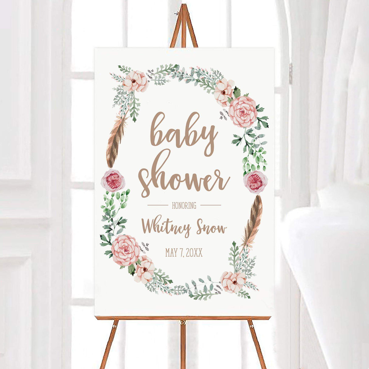 Floral Bohemian Wreath with pink flowers, feathers and simple greenery.