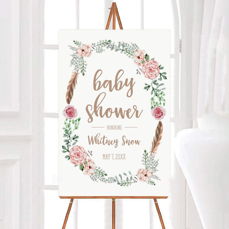 Floral Bohemian Wreath with pink flowers, feathers and simple greenery.